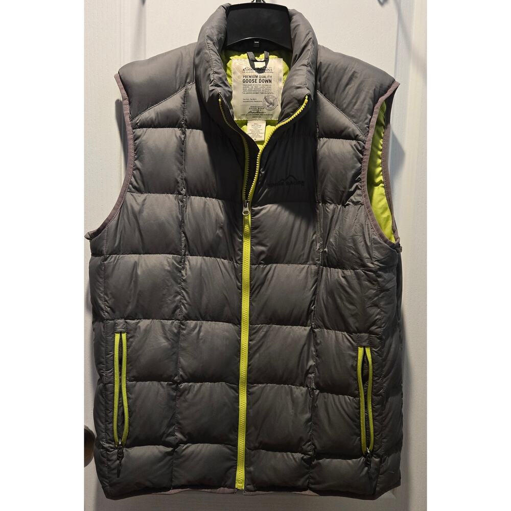 Eddie Bauer mens 700 fill power goose down vest sz M gray with neon green